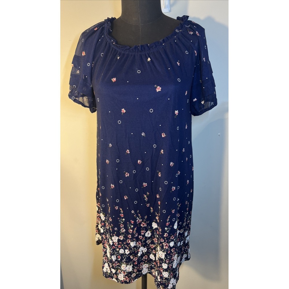 Siren Lily Navy Floral Shift Dress Short Sleeve Med Summer Spring Workwear Casua